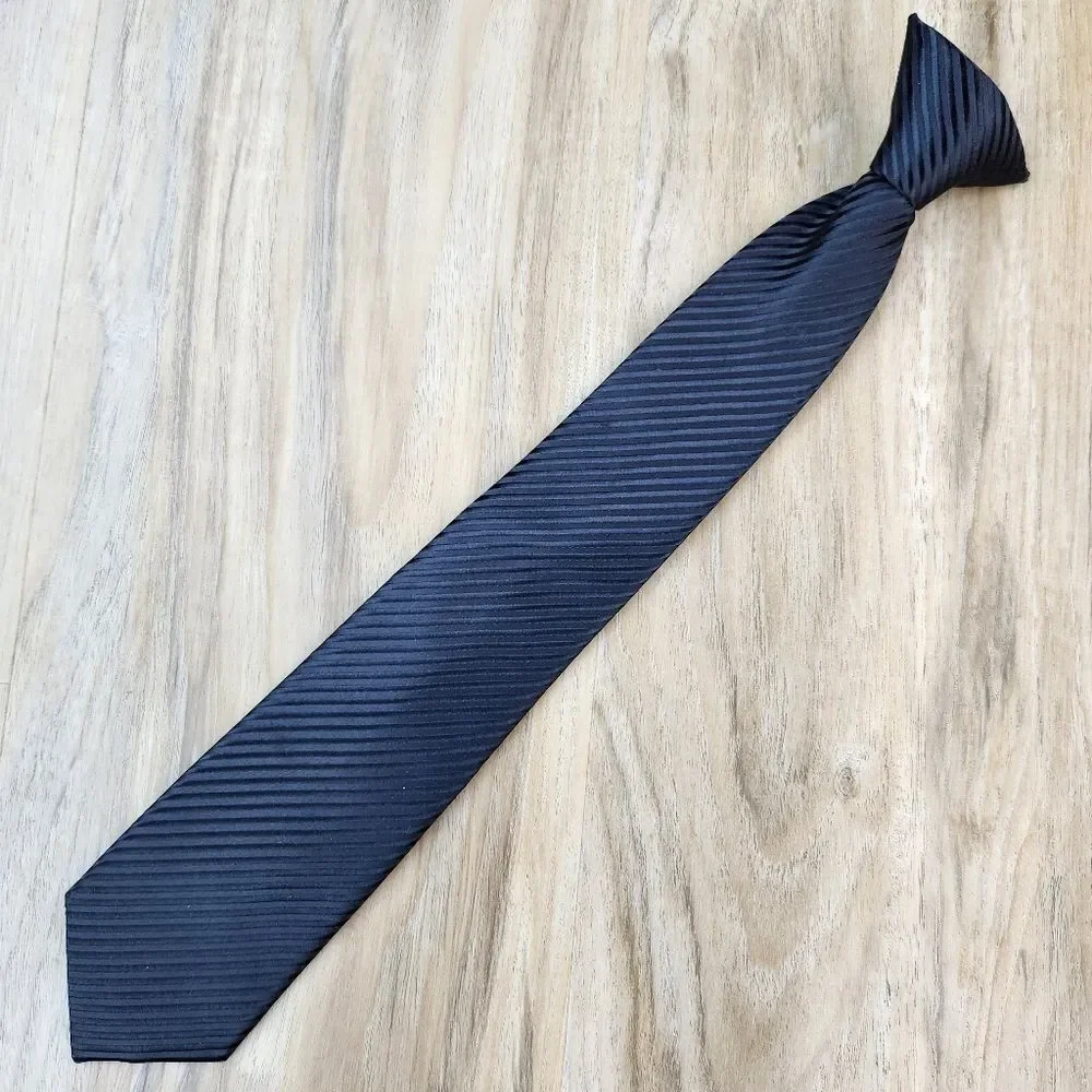 💜Black Satin Striped Pre-Tied Clip-on Tie Youth Large 12/14